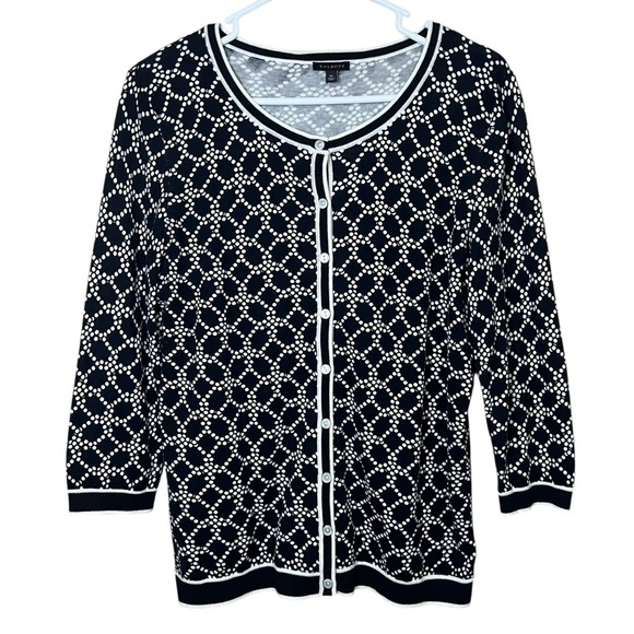 Talbots Charming Cardigan Geo Pearl Black White Button-up Light Sweater Sz Med - Picture 9 of 11
